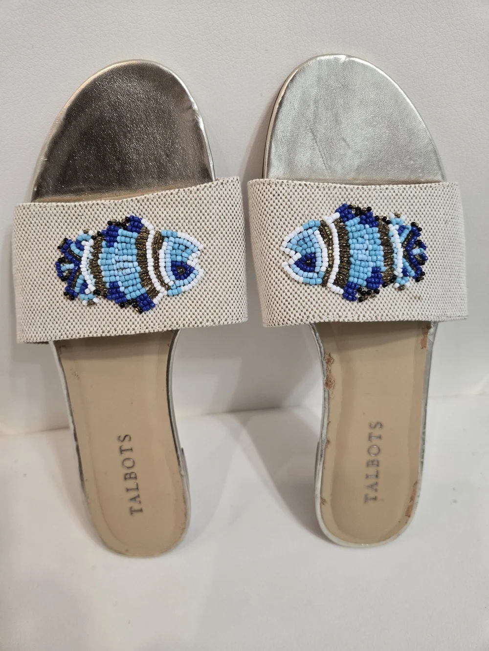 TALBOT'S Turquoise Cobalt Blue BLING Fish Sandals Slides Shoes Sz 7.5